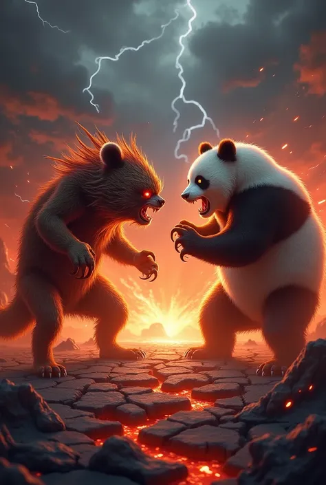 Create a highly detailed and dramatic image of a sakkara bundle and a panda in an intense standoff. The sakkara bundle is anthropomorphized with fiery, glowing eyes and sharp, angular features, radiating anger. The panda is similarly furious, with bared te...