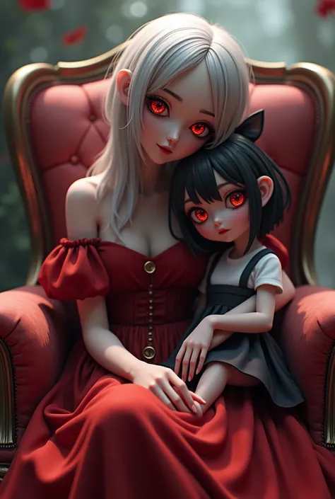 A beautiful bloodgirl and Qt red-eyed 3D anime sitting in a chair with a Kota K skirt