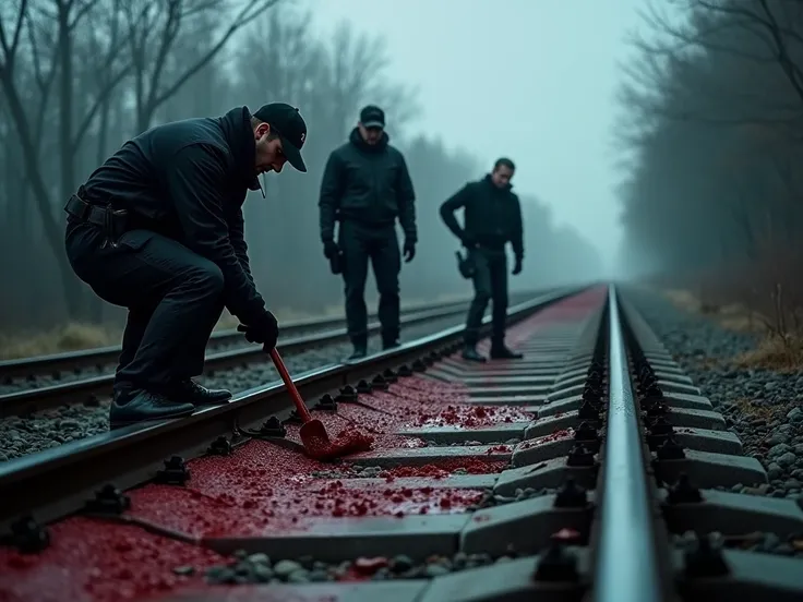 Railway lines stained with red droplets and police disposing of them