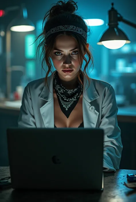 In a dimly lit laboratory, a captivating female figure exudes intrigue in a long lab coat, artfully draped over her black underwear. Her bandana adds an edgy flair as she sits poised before her laptop, exuding confidence and focus. The air around her crack...