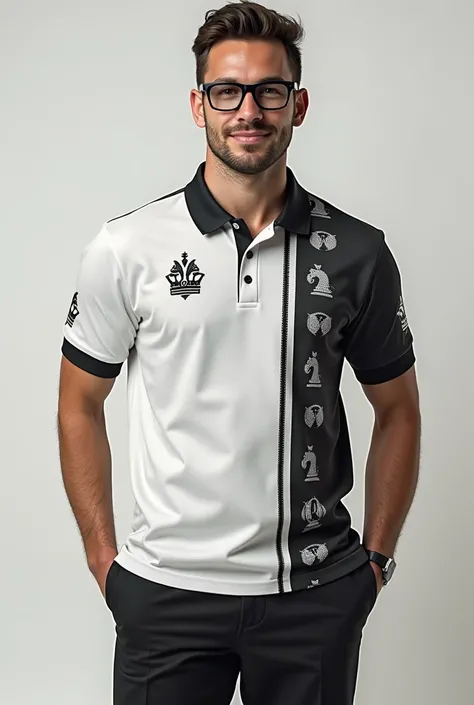  I want a polo shirt model ,  this shirt must have elements from the chess game and pieces and other elements from the game,  this shirt is to be worn in uniform , I only want the photo without a model