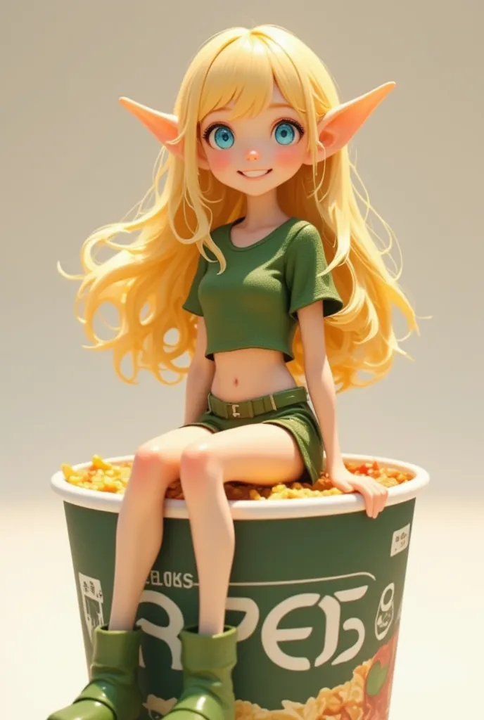 a cup noodle container with the product name printed on the side with the cover tightly closed, a small miniature elf figure sit...