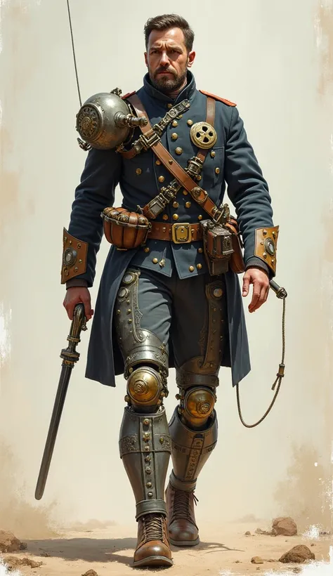 An ingeniously crafted Victorian-age steampunk soldier strides confidently with robotic long prosthetic legs, enabling exceptional jumping and running abilities. This stunning visual is a meticulously detailed painting, showcasing the soldiers mechanical l...