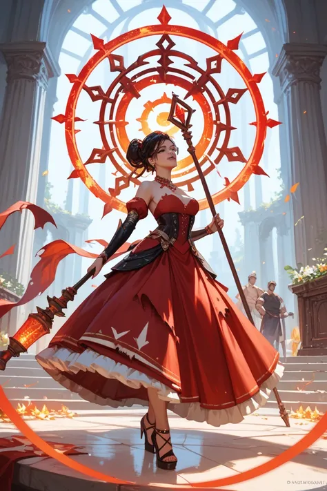 Create an image of an female standing on top of an altar raising a staff she is in a torn black and red dress. The background will have 1/5 part of a red glowing circular rune. 