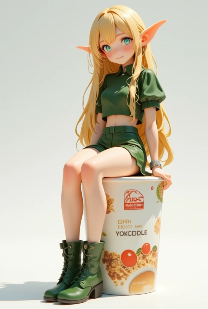 A cup noodle container with the product name printed on the side with the cover tightly closed, A small miniature elf figure sitting on the edge of the cover, full body, PVC texture, long blonde hair, Azure eyes. green short puff sleeve cropped shirt, gree...