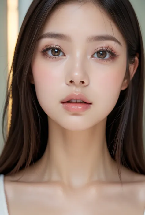 , face close-up ,15-year-old girl, (cute), (:1.6),big mouth , thick lips,  moist lips  ,  plump lips,lips that shine with lip gl...