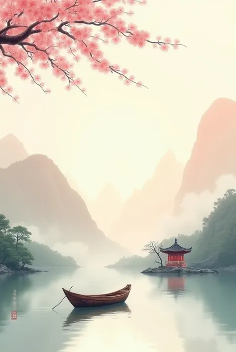 The background depicts a typical Chinese ink landscape: the picture is bright, high-definition, high-quality, and clear. A little pink cherry blossom branch peeks out from the top of the picture. A small boat floats on the calm lake, and there is a traditi...