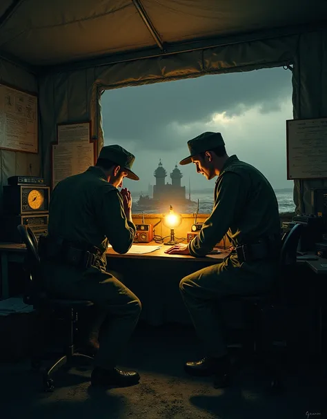 Inside a makeshift communications tent, a Ghost Army soldier operates a radio transmitter. Charts, maps, and radios surround the table as another soldier reads coded messages. The glow of a single lamp illuminates their intense focus. Outside the tent, a d...