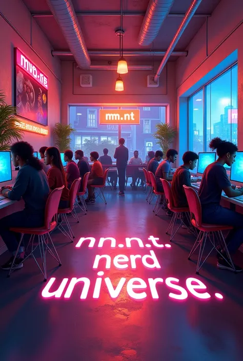 a room,  with a group of people ,  internet cafe ,  written on the floor "m.n.n.T", black people,  vibrant colors, HD,  good lighting ,  relaxing place ,  in the center of the room written "nERD UnIVERSE", Discussing