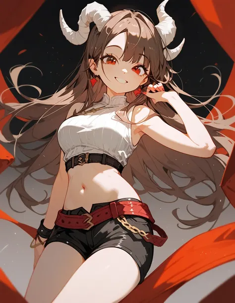 girl, brown hair ,Long hair, in red eyes ,Crooked Horns ,smile,Medium-sized breasts, Silk White Sleeveless Top, black shorts,With belt,Thigh,Flat stomach,cute