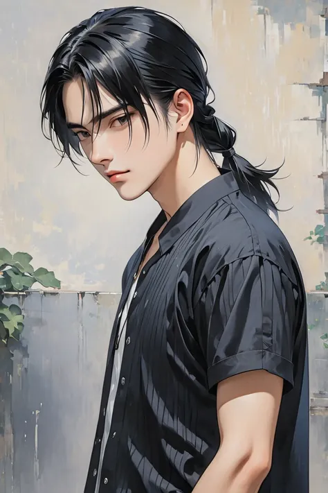 Men in cool posture, long black hair, medium bangs, small braids on the left side, put on a loose shirt.