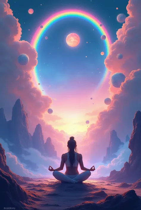 The protagonist meditates cross-legged，at centre，Phantoms on the planet, Bright rainbows and planets with rings in the sky