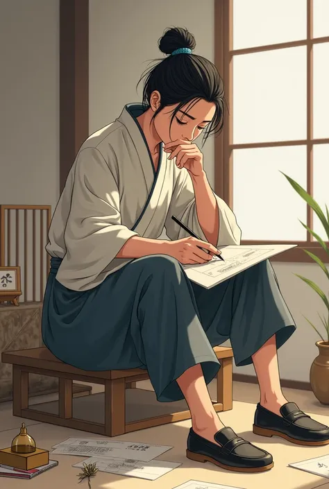  Three Kingdoms Period , A Japanese inventor , wears a simple handeo-style loafers,Hand drawing ,Thinking about