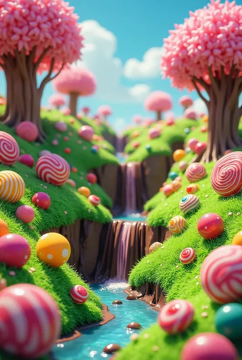 Make the world made of candies with green grass colorful candies with a chocolate waterfall