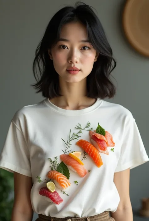 Put on a Japanese womans round neck t-shirt and arrange sashimi on it