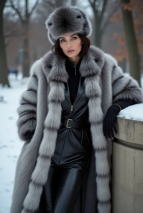 The image is a portrait of a middle aged brunette woman posing in a winter public park. She is leaning against a wall . The woman is wearing a very long silver fox  fur.long hair coat, silver fox,the stripes of the nuance being verticals  fur hat over a bl...