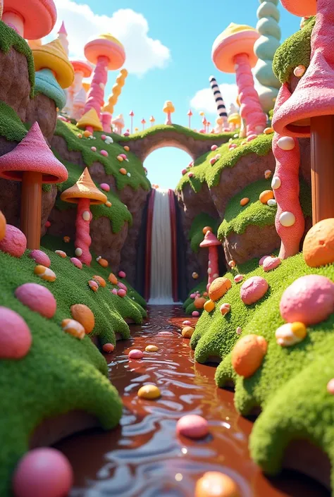 Make the world made of candies with green grass colorful candies with a chocolate waterfall on a river