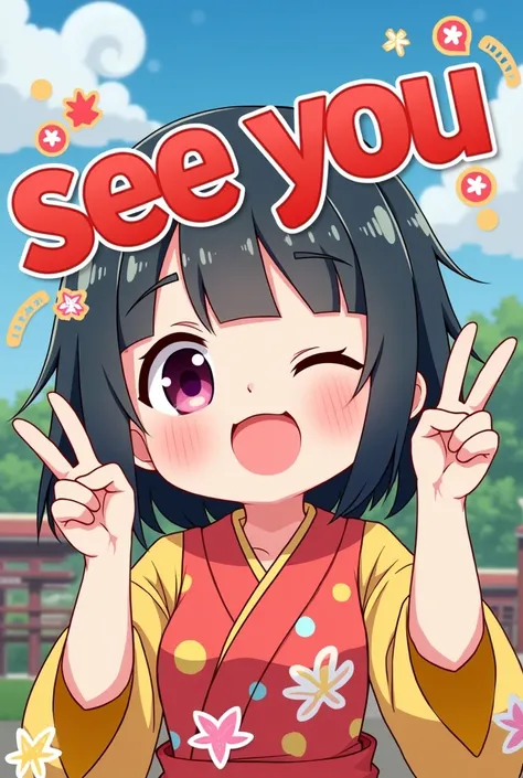 Japanese cartoon character with wording "see you"