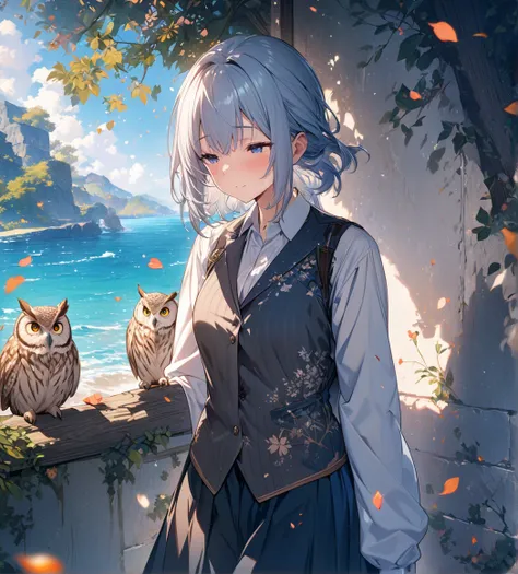 masterpiece,  best quality, ( highly detailed CG unity 8k wallpaper) ( best quality), (Best Illustration Award), ( vest shadow ) nature&#39, Blue Sea,Mr.々Light tracking with delicate colored leaves and petals fluttering through the air,  owl under guard， s...