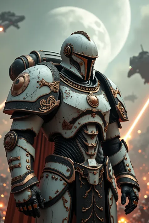 Lets create a Warhammer-style avatar 40k ,  an armor made of many layers of steel ,  divided into white and black with the metals copper and gold ,  in the background a war between several soldiers and flying ships shooting many lasers, And three moons in ...