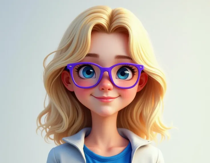 Blonde haired teen female with blue eyes and purple glasses wearing a blue shirt with a white jacket realistic cartoon