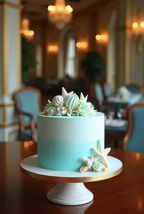 A sharp image of a 1 layer cake with sea cream on the dining table in a luxurious house