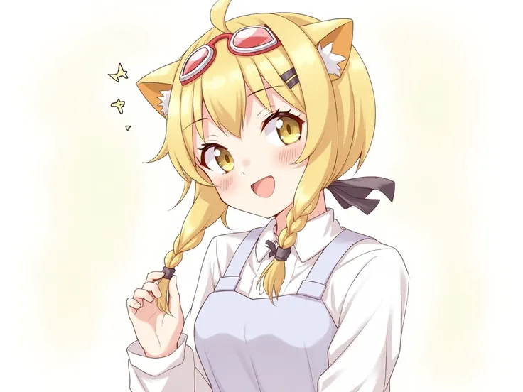  1 girl, Single, Smile, short hair, Bangs, blond, Lions Ear , Golden Eye, Lips slightly open, Tiger Teeth, stick out tongue,  high resolution, Aho, , short twintails, Braid extra long ponytail , perspective drawing, Displayed horizontally,, hairpin,  with ...