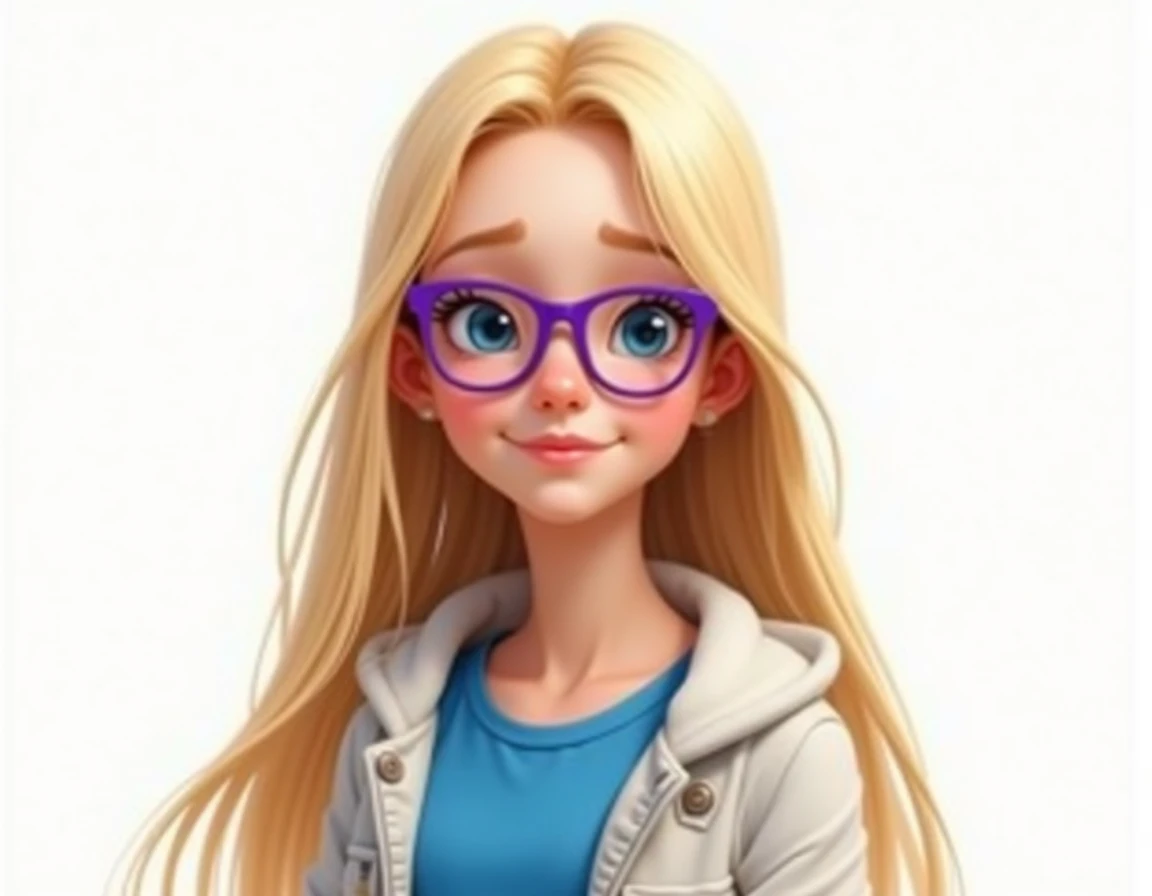 long Blonde haired teen female with blue eyes and purple glasses wearing a blue shirt with a white jacket realistic cartoon