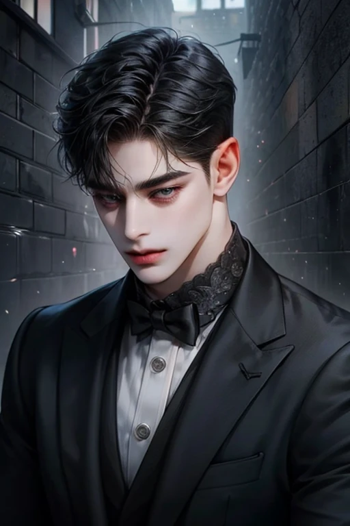 a  good-looking 23-year-old boy with black hair, black eye,  short hair , Im wearing a black suit, Face looking down,  Dark Street ,  Beautiful Face ,  high resolution, masterpiece, High details,  high quality model , cool,  good-looking, stylish 