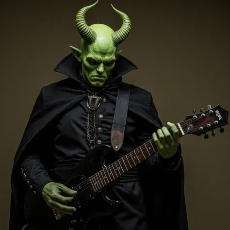 An image of a devil male green onion dressed in Gothic robe playing a black guitar 