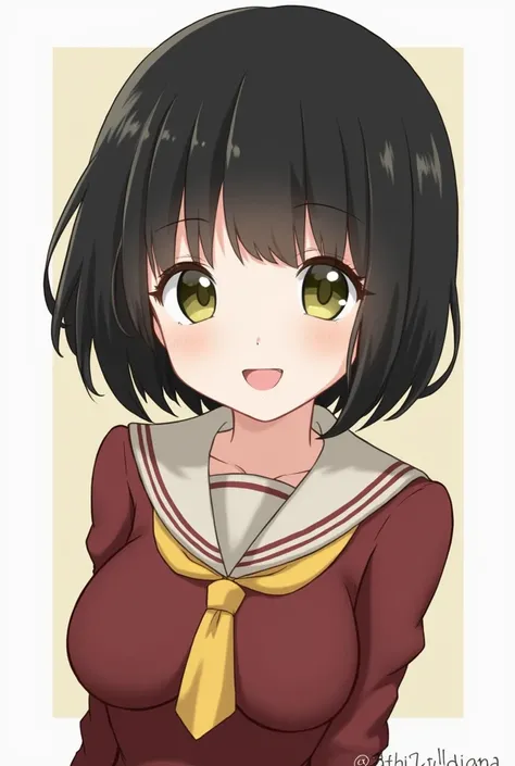 detailed character, masterpieces, best quality, ultra detailed, 1girl, black hair, bowl cut hair, straight hair, blunt bangs, yellow green eyes, large expressive eyes, solid circle eyes, thick eyebrows, large breasts, skinny, dark red sailor uniform, white...