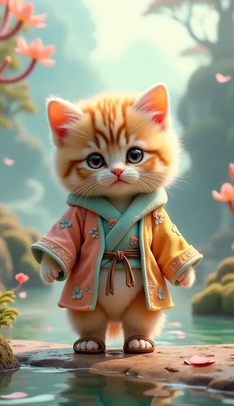 A cute kitten wearing a hot spring-themed costume、 The kitten is standing on two legs like a human、Dreamland、Realistic