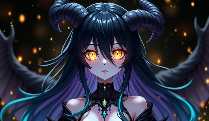 Create a stylized, dark fantasy anime character with a striking and eerie appearance. The character has long hair with a gradient of dark shades, transitioning between black, deep purple, and turquoise highlights. Their skin is a pale, almost ghostly blue,...