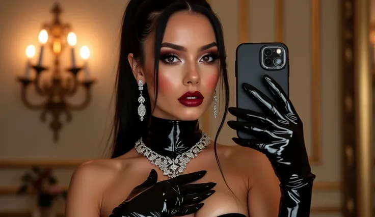 beautiful 20 year old black hair girl wearing shiny black leather underwear, shiny black leather long gloves, shiny black leather thigh high boots with 11cm heels, bright makeup, long eyeliner, black eyeshadow, brown eyes, bright red lips with lip gloss, l...