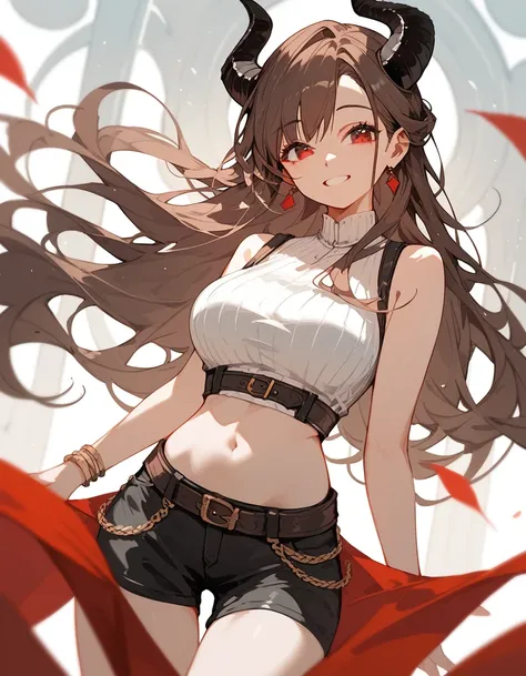 girl, brown hair ,Long hair, in red eyes ,There are horns twisted in black threads,Smiling crooked,Medium-sized breasts,White Silk Sleeveless Top, black shorts,With belt,Thigh,Flat stomach,cute,milf,motion,