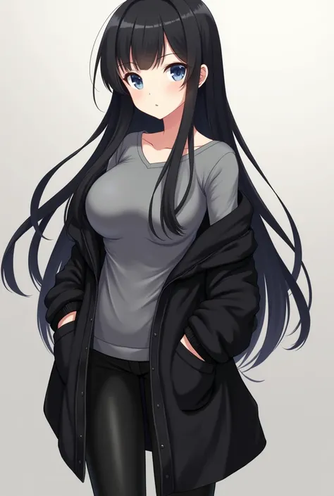 A realistic anime character is an extremely feminine female character with big sexy thighs characterized by long black hair and bright blue eyes. Attractive  . She wears a gray shirt that covers her belly and chest. She wears a long black sweater, black pa...