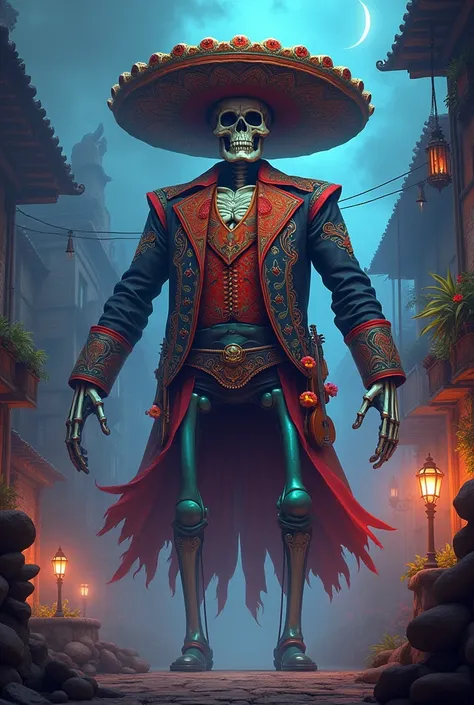  A giant boss from an electronic game inspired by the Day of the Dead, similar to a Mariachi and with props from Mexican culture .