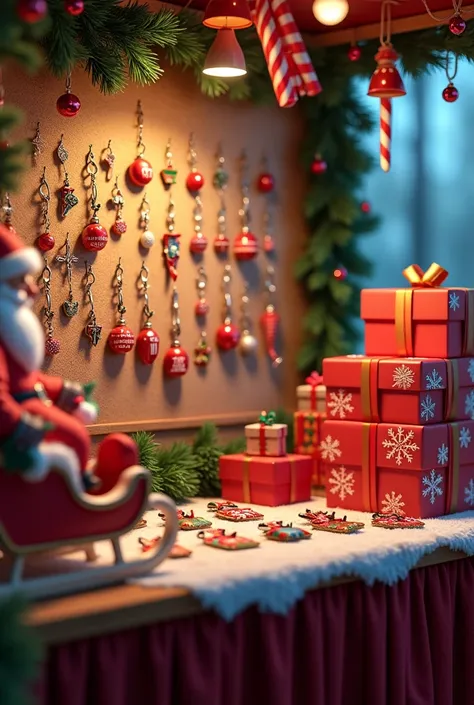 a open space booth where there is a board that will be the background and it covers with Christmas garlands half color blue and falf color red. And infront of the board is a table where all the tourism keychains placed on top. On the sides of table there i...