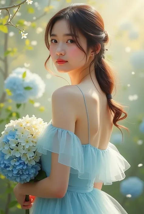 
A photorealistic oil and impasto mixed painting of a romantic portrait of a young Thai woman with soft brown hair, wearing a delicate off-the-shoulder gown in pastel blue. She holds a bouquet of Hydrangea and looks over her shoulder with a gentle smile. T...