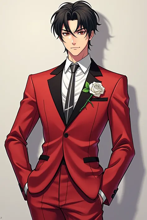 in anime style make a 20 year old asian male, in a red suit black line with glassesm white rose on shirt, sharp eyes, all body in the picture with leg and feet