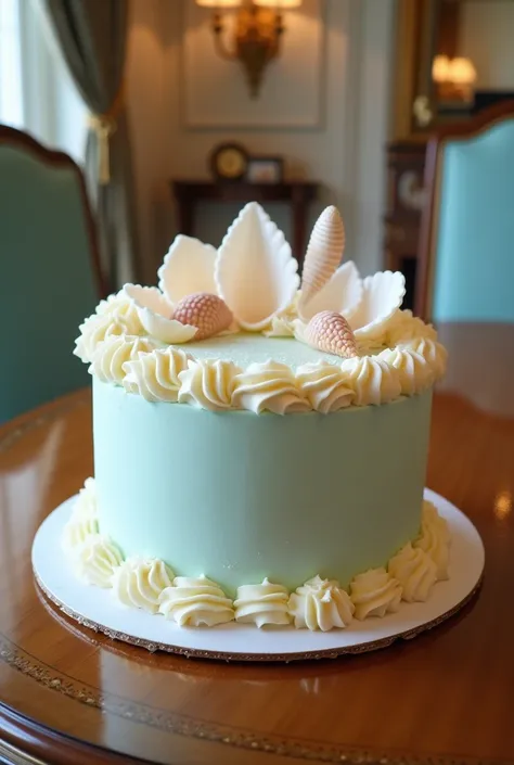 A sharp image of a 1 layer cake with sea cream and shell makeup on the dining table in a luxurious house