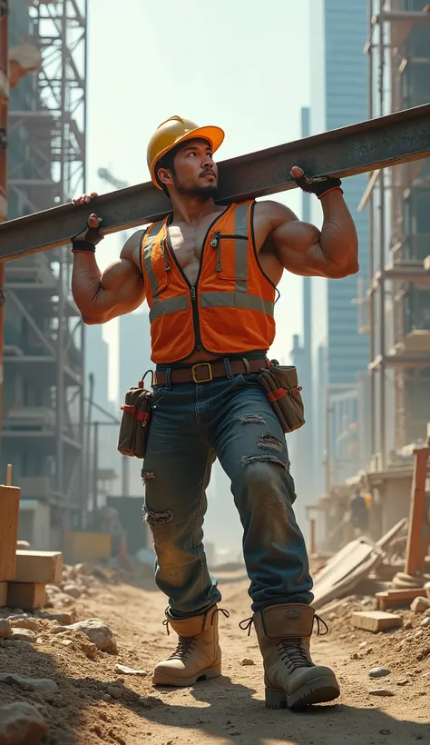 A realistic photograph of a muscular Japanese man working at a busy construction site. The man is wearing rugged construction attire, including a reflective safety vest, a hard hat, and heavy work boots, with a large steel beam resting on his shoulder. His...