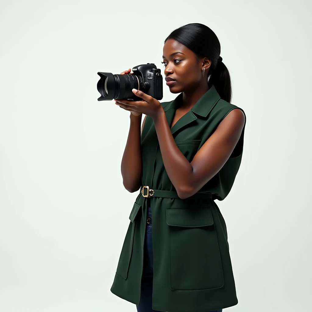 Une jeune noire photographe moderne, avec son équipement, vêtue de gilet vert sombre, tenant son appareil photo numérique en main, dans un fond blanc, vue cinématique