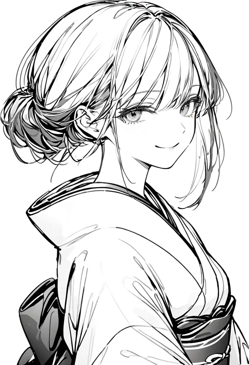 16k, (((front))), black and white line drawing, monochrome art, girl in kimono, smile, simple ice line art, white background,