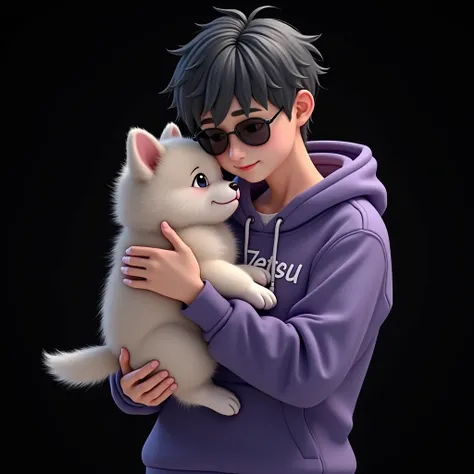 Photo realistic of a handsome korean boy wearing purple  hoodie , casual black gray hair and sunglasses , holding a fluppy puppy . Name " zetsu" written on his attire . Black background