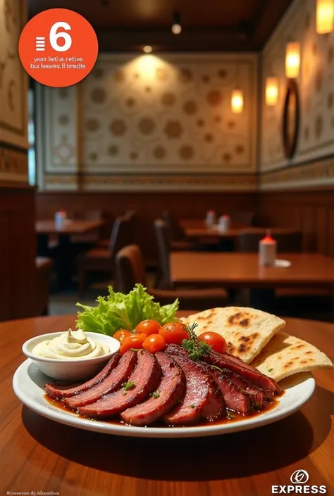 GENERATE A PHOTO OF  SHWARMA WITH IN A RESTAURANT NAMED "EXPRESS AL MADINA " .IT SHOULD BE WITH A PRICE TAG OF 6 AED