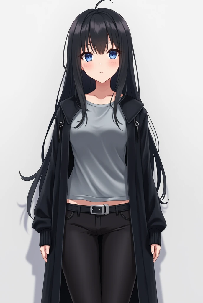 A realistic anime character is an extremely feminine female character with big sexy thighs characterized by long black hair and bright blue eyes. Attractive  . She wears a gray shirt that covers her belly and chest. She wears a long black sweater, black pa...