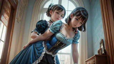 small breasts、there is a young girl wearing a dark colored tight long dress, victorian style costume,  victorian blue dress , vi...