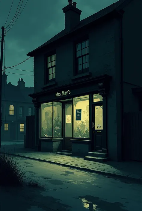 "A dark, ominous illustration of a deserted street with Mrs. Mays shop in the background, its windows boarded up and a Closed sign hanging on the door. A faint, eerie glow emanates from within."