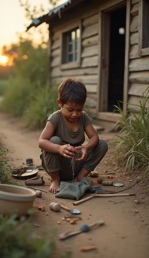 A highly detailed and realistic image focusing on a humble, poor  in a rustic countryside setting. The , with slightly worn clothes and bare feet, is working on a handmade project in the yard of a modest home. Their clothes are simple, showing signs of use...